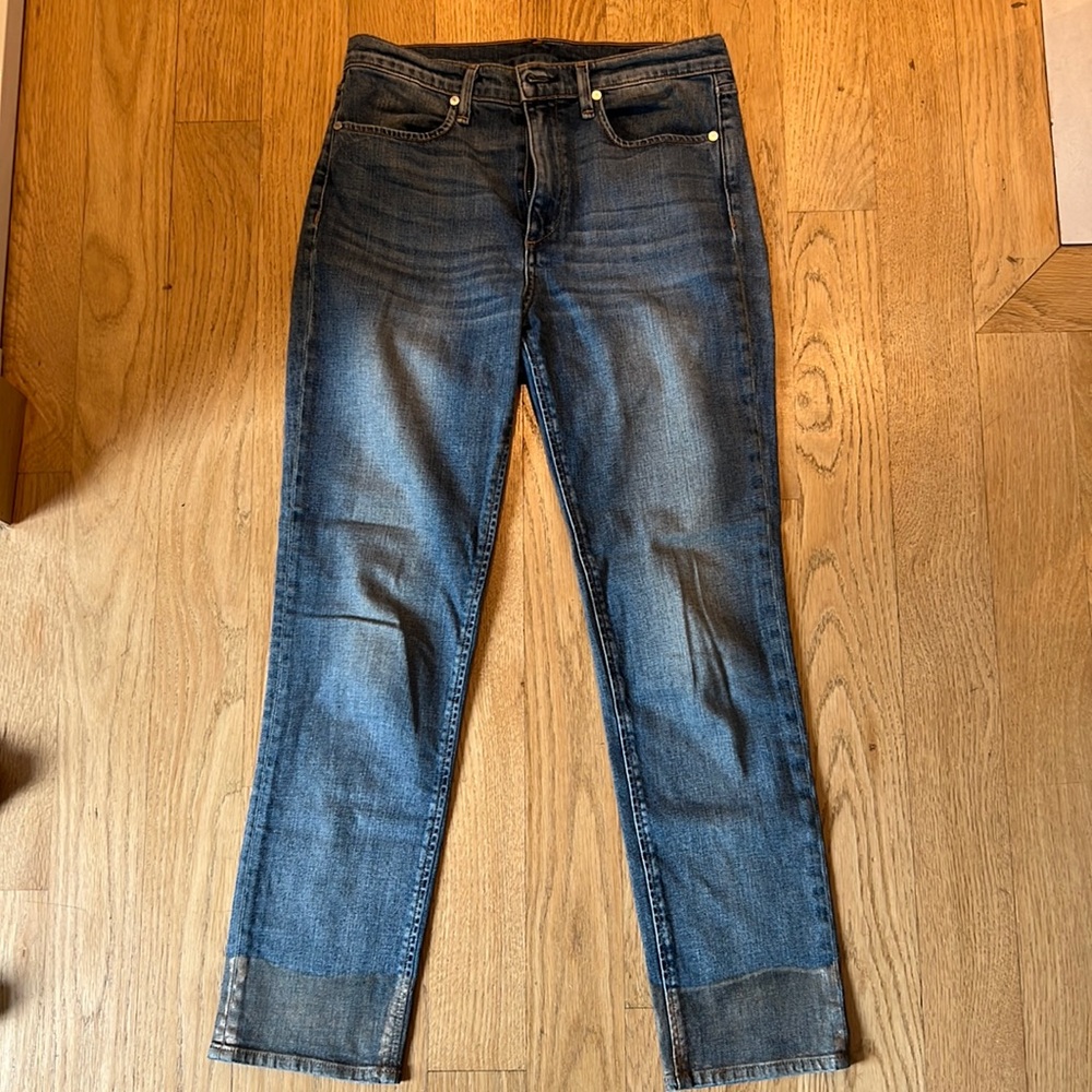 Rag & Bone gold paint, high waisted cropped blue jeans